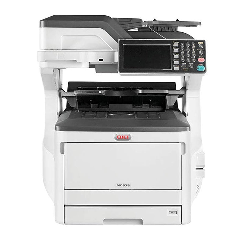 Oki MC873DNV A3 color multifunction printer with 35 ppm speed, featuring print, copy, scan, and fax capabilities.