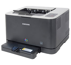 Samsung CLP-325 color laser printer, compact design with paper tray open, supports various media formats and types.
