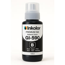 Canon GI-590PGBK compatible black ink cartridge for refillable printers, offers high page yield and sharp print quality.