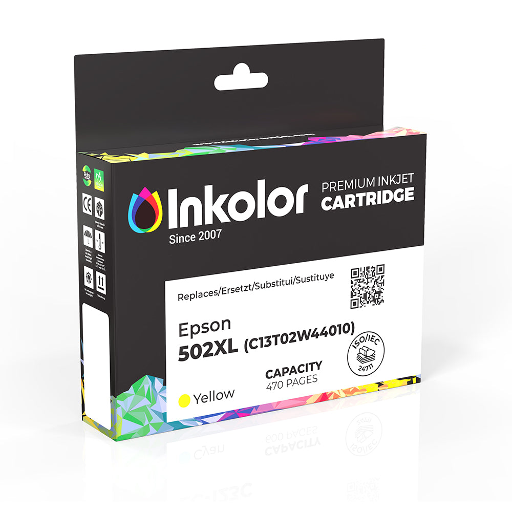 Epson 502XL C13T02W44010 compatible yellow ink cartridge packaging by Inkolor, high capacity for reliable office or home printing.