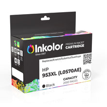 HP 953XL (L0S70AE) black ink cartridge packaging, compatible, capacity 2000 pages, premium quality for office and home use.