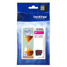 Brother LC-3235XLM magenta ink cartridge packaging showcasing high page yield, bright color quality, and printer compatibility.