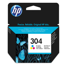 HP 304 Tricolor Ink Cartridge packaging with blue butterfly design, providing quality prints for home and office use.