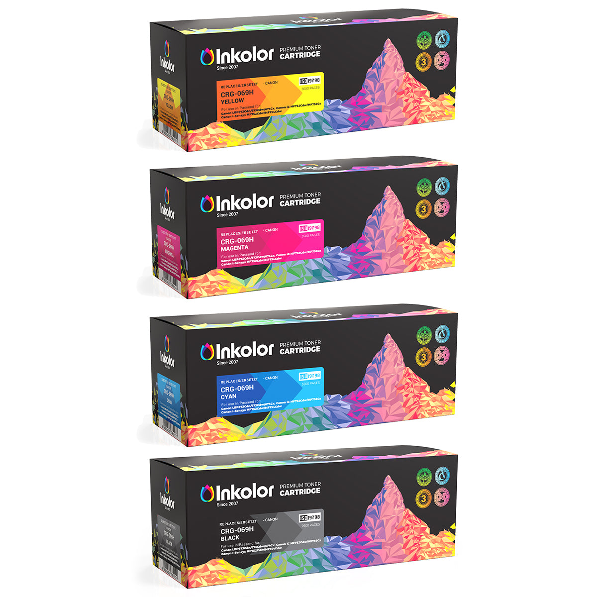 Canon 069H compatible toner multipack pour une impression de haute qualité, idéal pour un usage professionnel et personnel, 4 cartouches présentées.