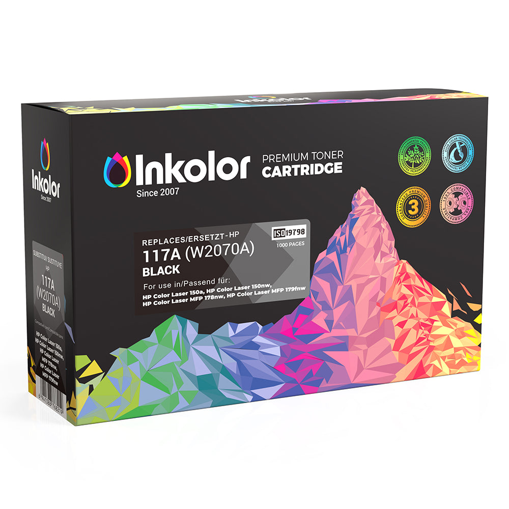 Inkolor 117A (W2070A) Black Compatible Toner Cartridge with vibrant packaging