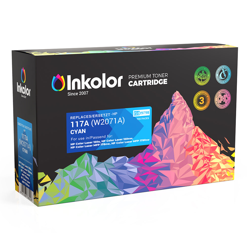 HP 117A (W2071A) toner cyan compatible de Inkolor, idéal pour des impressions vives, capacité de 700 pages, convient pour les imprimantes laser couleur HP.