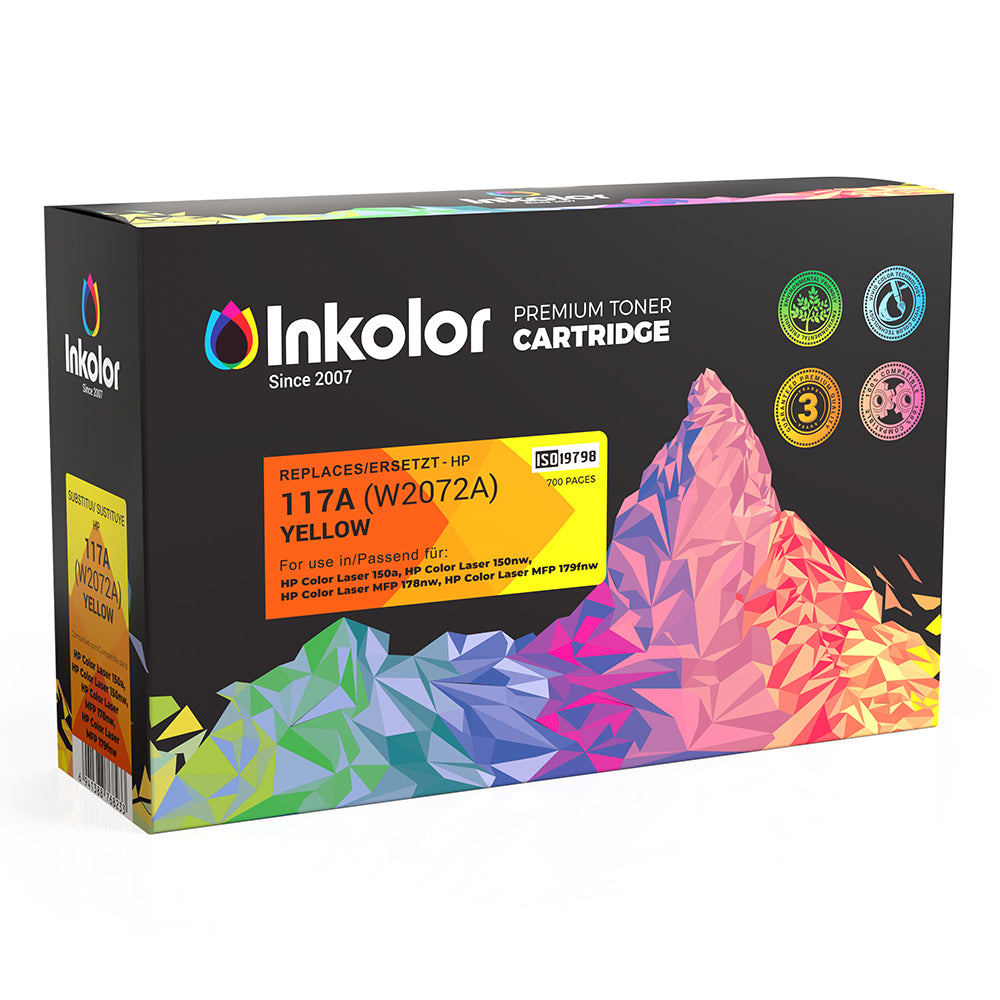 HP 117A (W2072A) compatible toner jaune boîte avec emballage vibrant pour une impression de haute qualité.