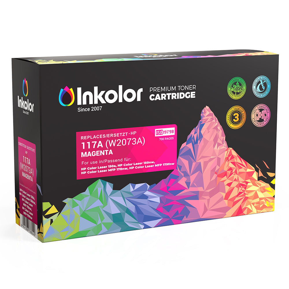 HP 117A (W2073A) toner magenta compatible dans un emballage coloré pour une impression de haute qualité et une capacité de 700 pages.