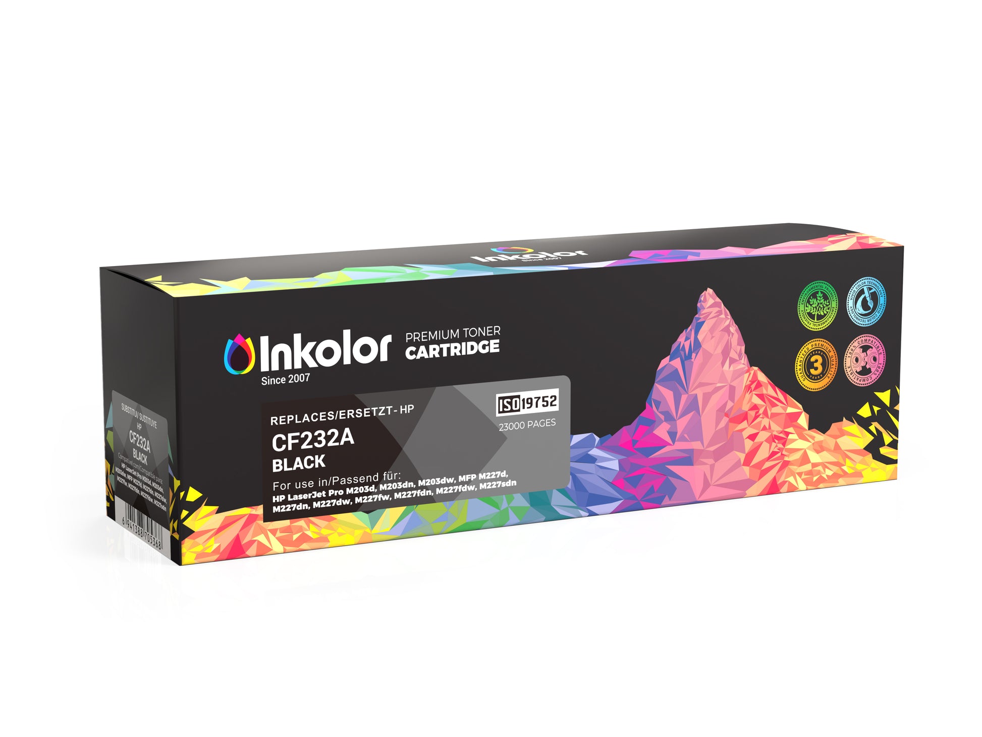 Inkolor de tambour compatible HP CF232A, emballage noir avec design coloré, adapté aux applications d'impression
