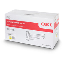 Oki 46438001 Genuine Image Drum in Yellow packaging for Europe, Middle East, and Africa with high page yield for Oki printers.