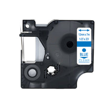 Ruban d'étiquetage compatible Dymo 45011 12mm x 7m en bleu sur fond transparent.