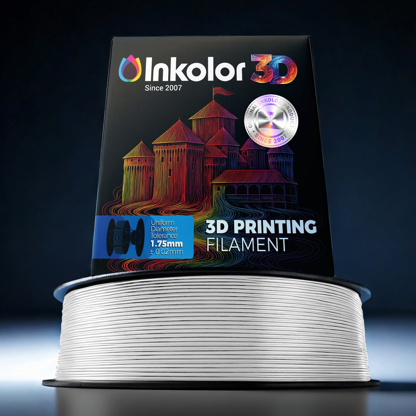 Inkolor PLA Weiss Filament 1.75mm 1Kg 3D-Druck Filament with vibrant packaging and high-quality spool for precision 3D printing.