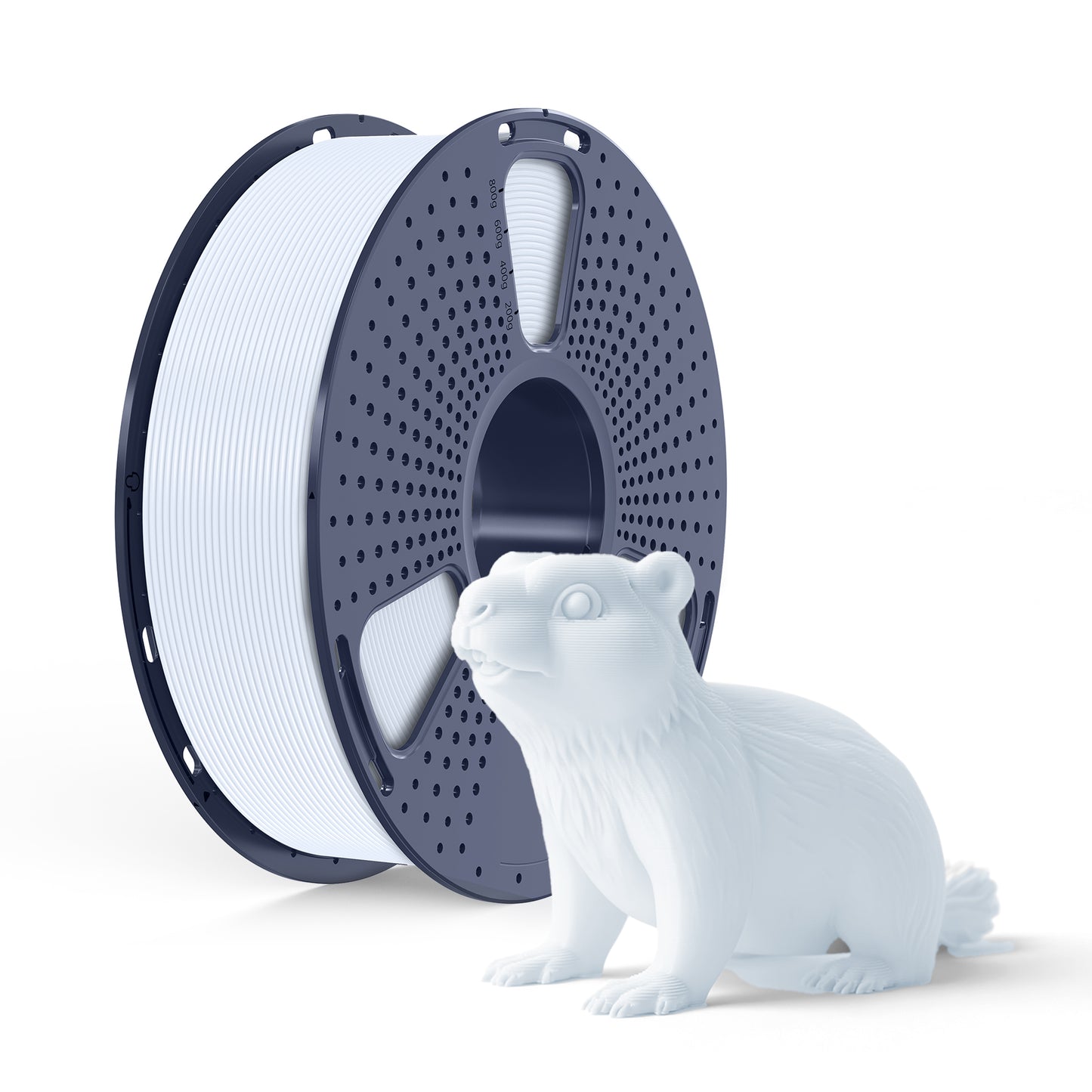 Inkolor PLA Weiss Filament 1.75mm 1Kg 3D-Druck Filament, showcasing a spool and a white 3D-printed model of a small animal for detailed printing.