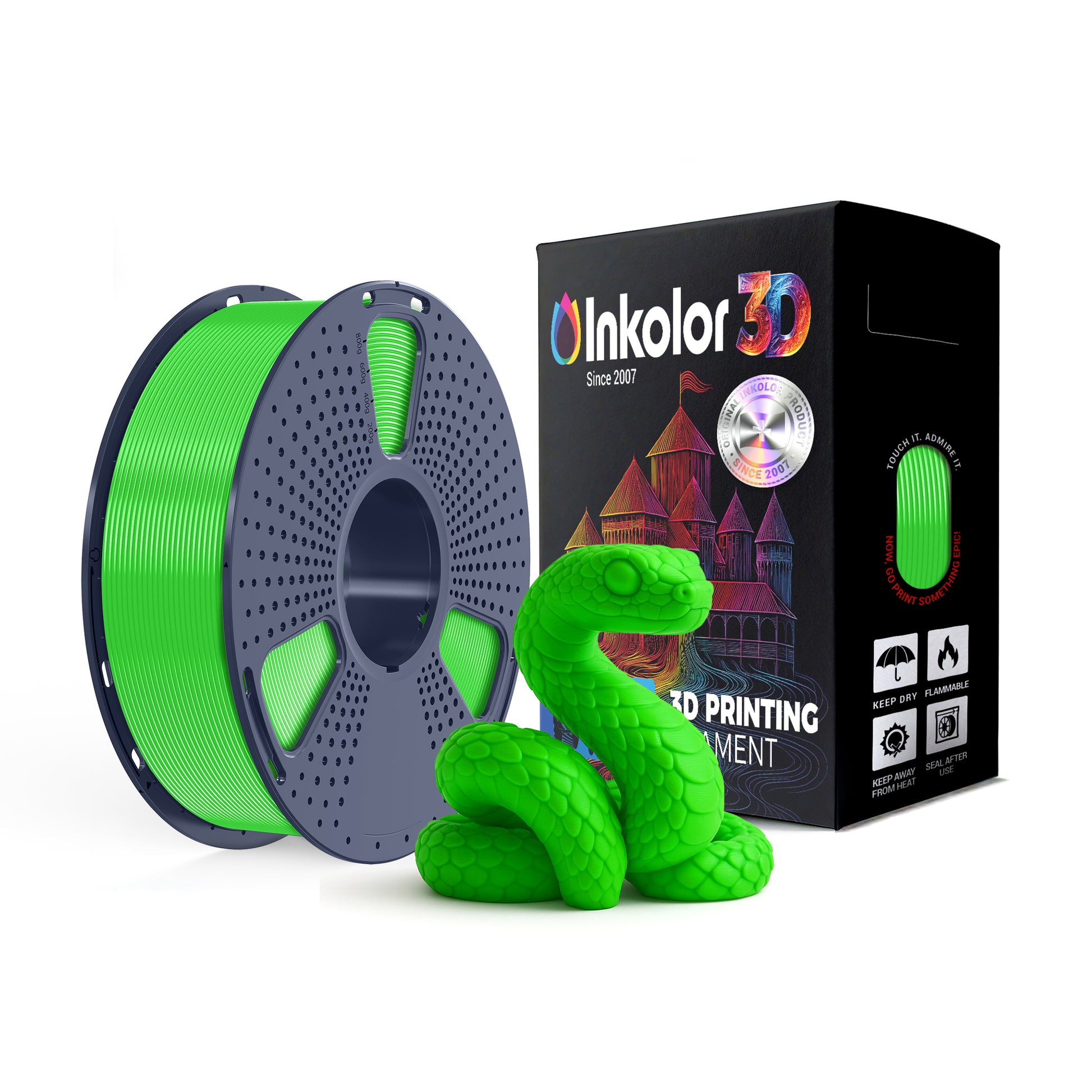 Inkolor PLA+ Grün Filament 1.75mm 1Kg 3D-Druck Filament, grüne Rolle neben Schachtel und 3D-gedruckter Figur für kreative Projekte.