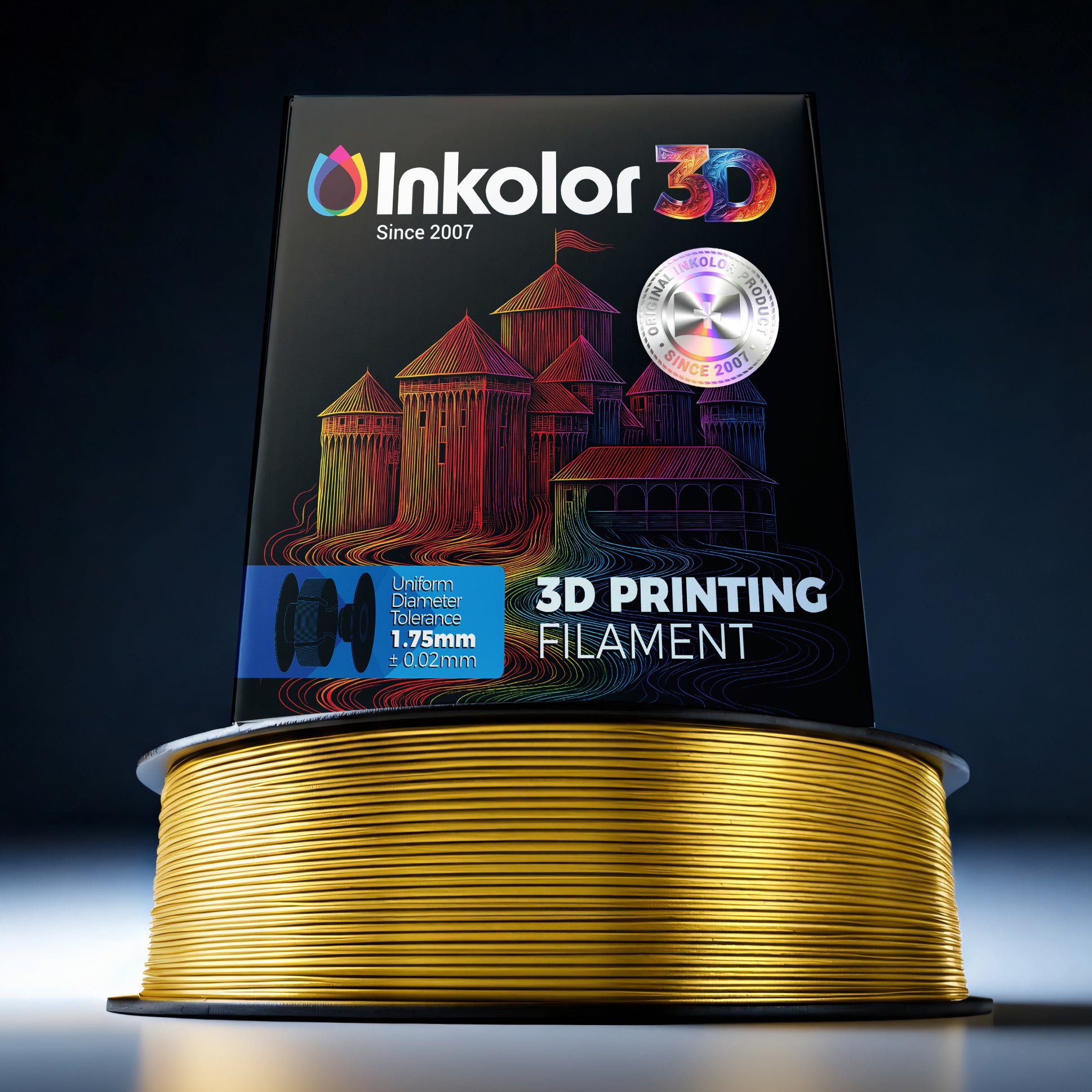 Inkolor Silk PLA+ Gold Filament 1.75mm 1Kg 3D-Druck Filament spool with packaging, ideal for luxurious 3D printing projects.