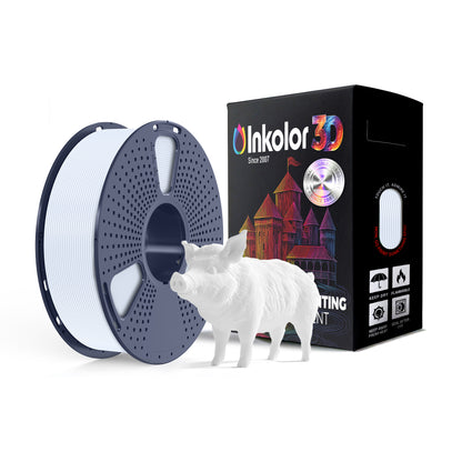 Inkolor PETG Weiss Filament 1.75mm 1Kg 3D-Druck Filament with spool and 3D printed pig figure.