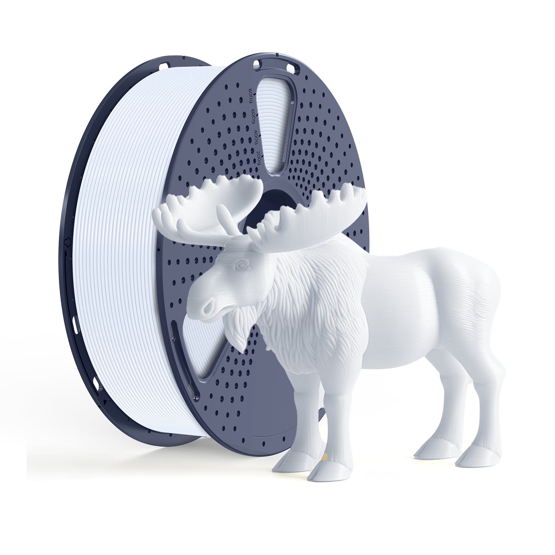 Inkolor ABS Weiss Filament 1.75mm 1Kg 3D-Druck Filament und ein 3D-gedrucktes Elch-Modell vor der Filamentspule