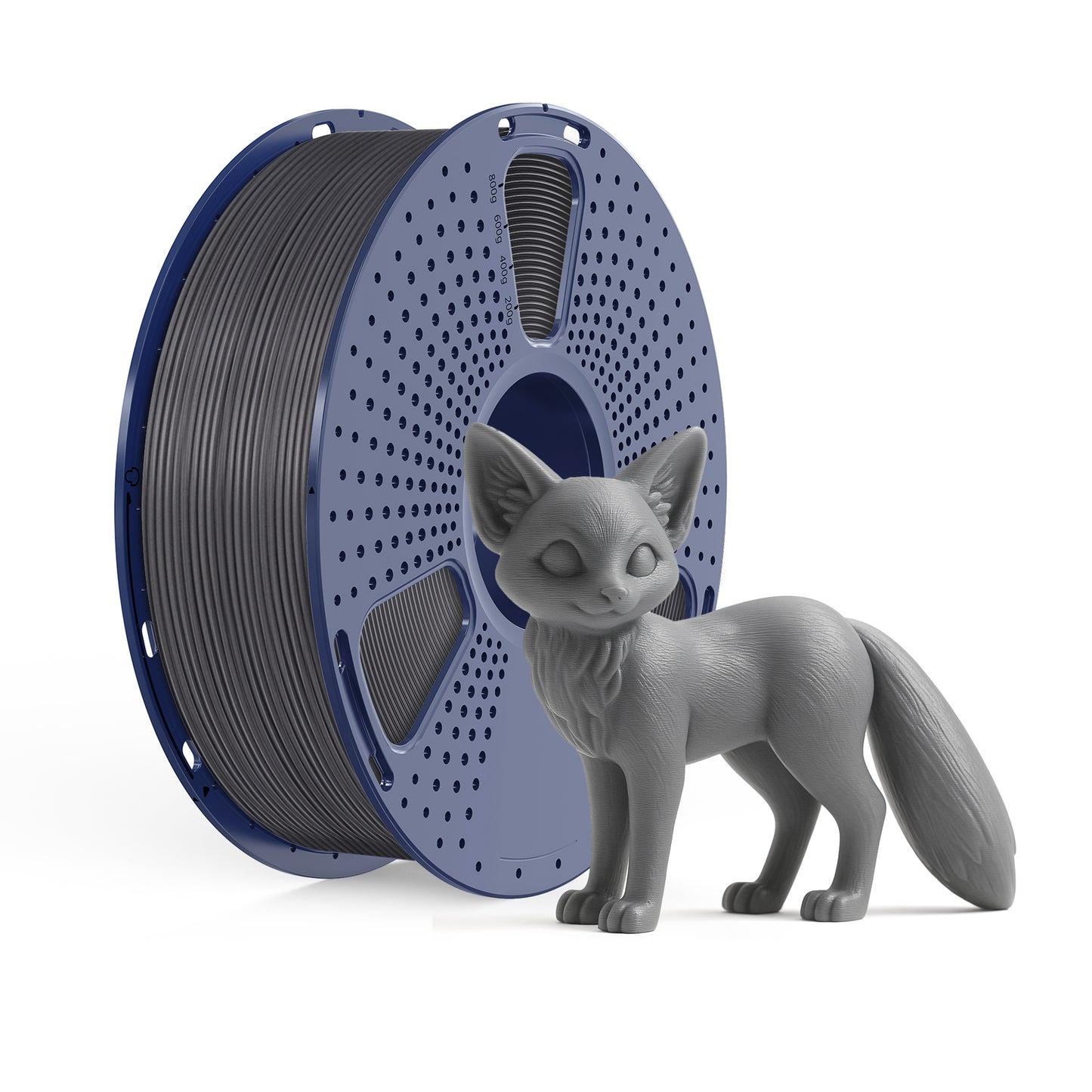 Inkolor ABS Grau Filament 1.75mm 1Kg 3D-Druck Filament with a 3D printed model of a fox beside the spool.