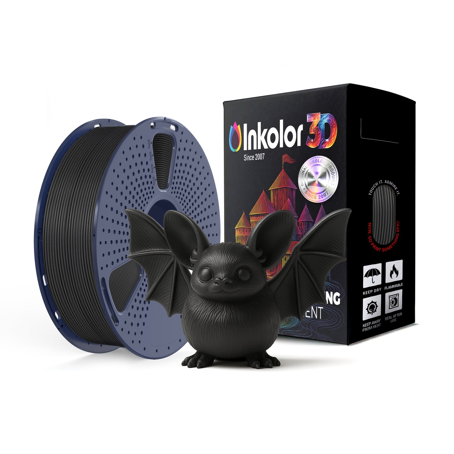 Inkolor PLA Carbon Fiber Filament 1.75mm 1Kg 3D-Druck Filament with 3D-printed bat model, showcasing strength and precision.