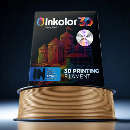 Inkolor Holz Filament 1.75mm 1Kg 3D-Druck Filament with packaging showing a 3D printed castle illustration.