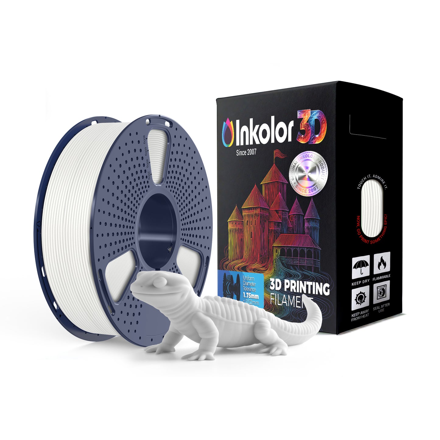 Inkolor PLA Meta Weiss Filament 1.75mm 1Kg 3D-Druck Filament with box, spool, and printed alligator model, ideal for high-speed printing.