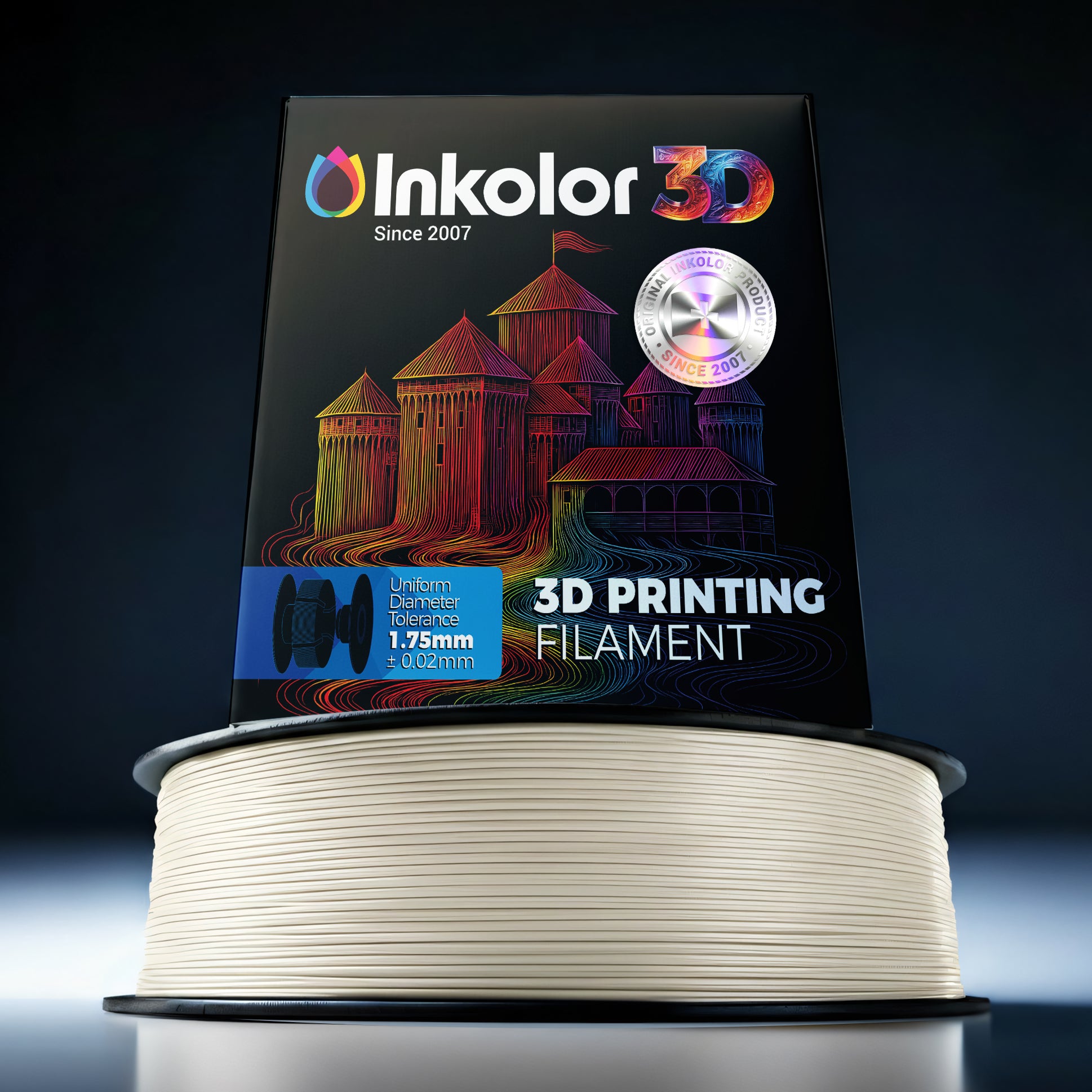 Inkolor TPU95A Weiss Filament 1.75mm 1Kg 3D-Druck Filament spool showcasing smooth, flexible and durable design for 3D printing.
