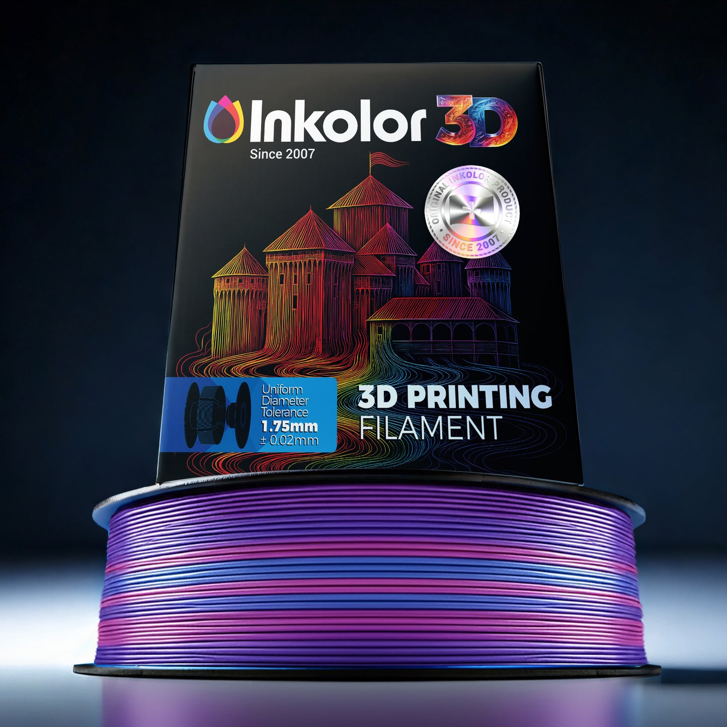 Inkolor Silk PLA+ Regenbogen Filament 1.75mm 1Kg 3D-Druck Filament with vibrant color transitions on display.