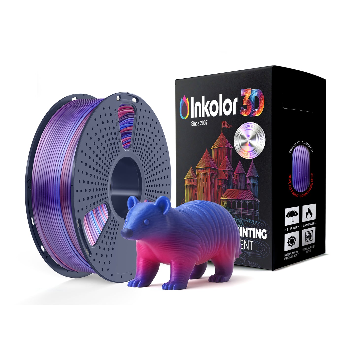 Inkolor Silk PLA+ Regenbogen Filament 1.75mm 1Kg 3D-Druck Filament spool and printed bear model with box