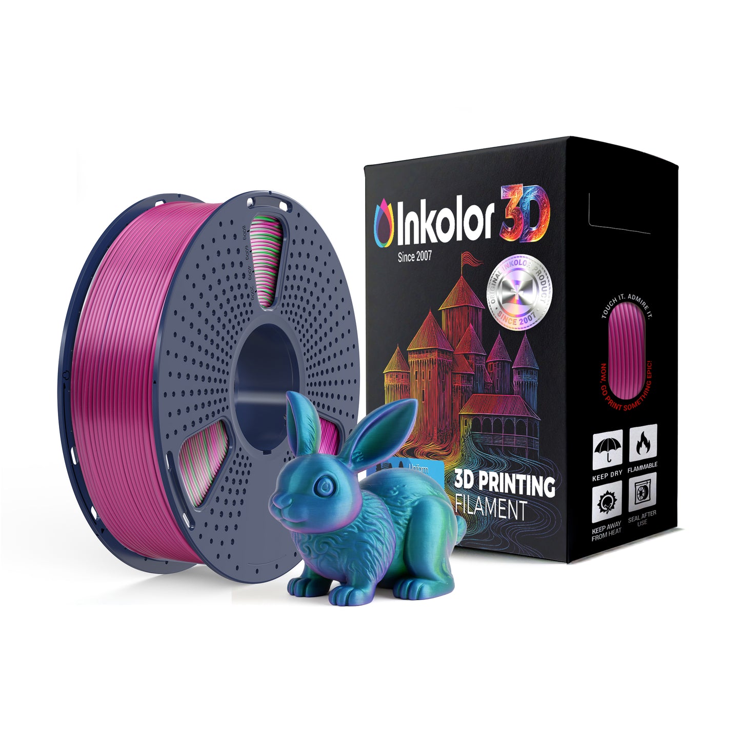 Inkolor Silk PLA+ Tricolor Blau Grün Violett Filament 1.75mm 1Kg 3D-Druck Filament neben bemaltem Hasenmodell
