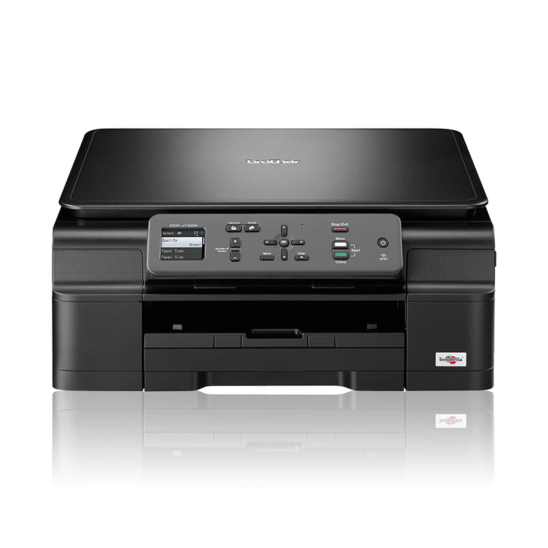 Stampante multifunzione Brother DCP-J152W con funzioni di stampa wireless e mobile, design nero, vista del pannello di controllo frontale.