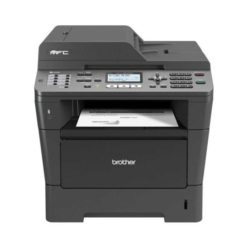 Front view of Brother MFC-8520DN monochrome laser printer with scanner, copier, and fax capabilities for small to medium offices.
