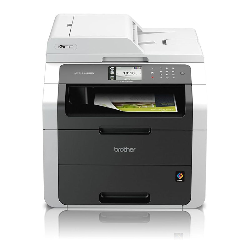 Brother MFC-9142CDN multifunction color laser printer with print, copy, scan, and fax capabilities, featuring a sleek design.