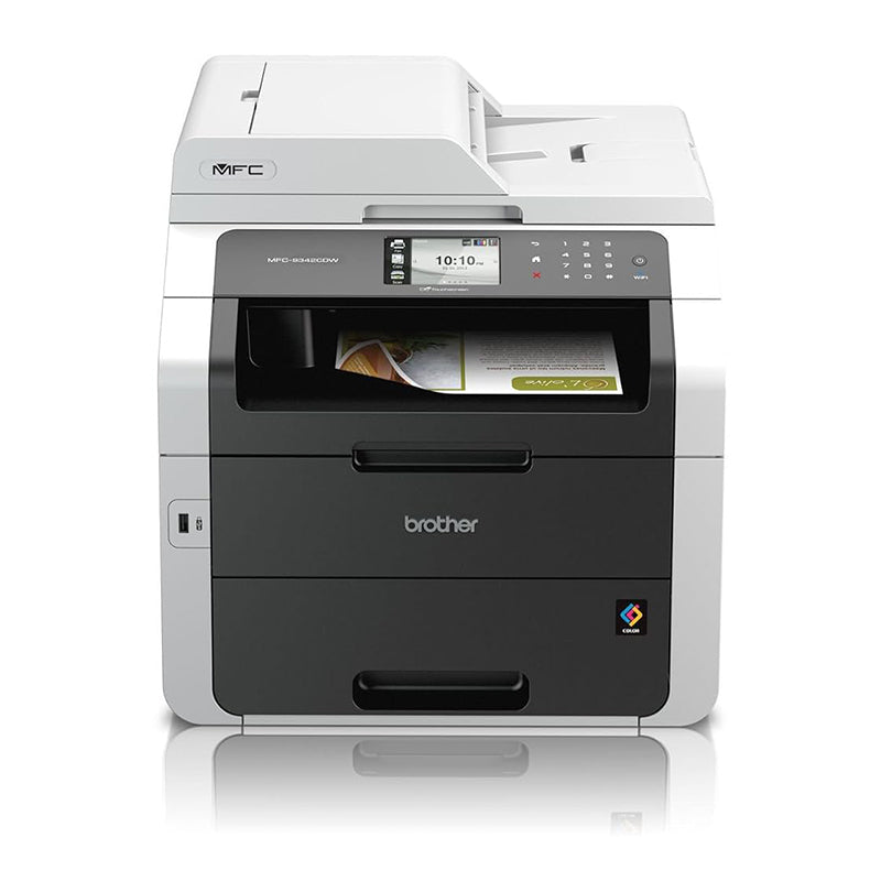 Brother MFC-9342CDW multifunction color laser printer with duplex printing, featuring a sleek design for efficient office use.
