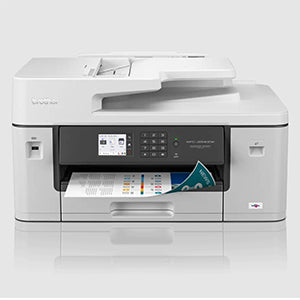 Brother MFC-J6540DW inkjet multifunction printer with A3 capacity, offers printing, copying, scanning, and faxing for office use.