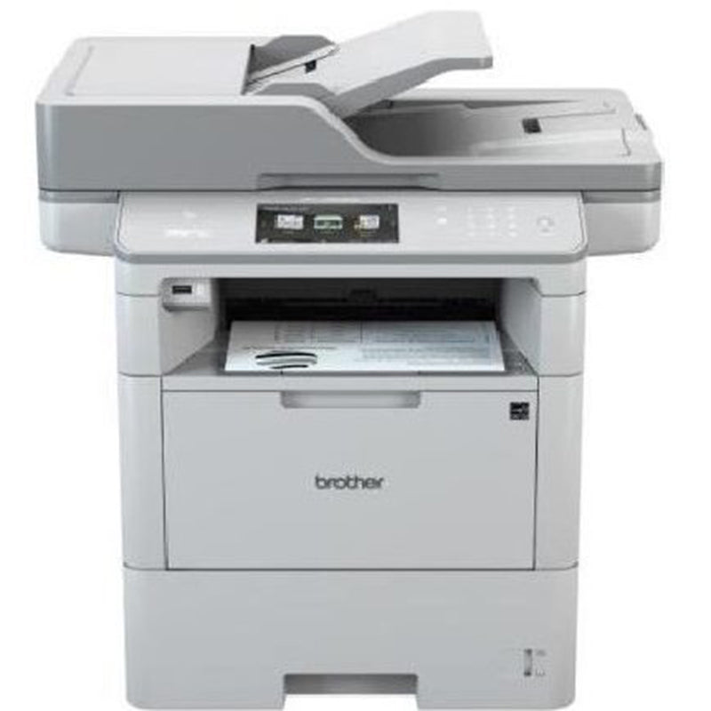 Brother MFC-L6900DW monochrome laser printer with automatic duplexing and 80-sheet ADF, ideal for busy office environments.