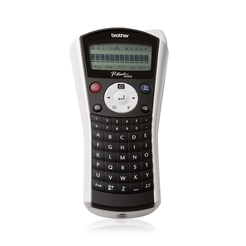Brother PT-1090 label printer with QWERTY keyboard and LCD screen, ideal for home and office use.