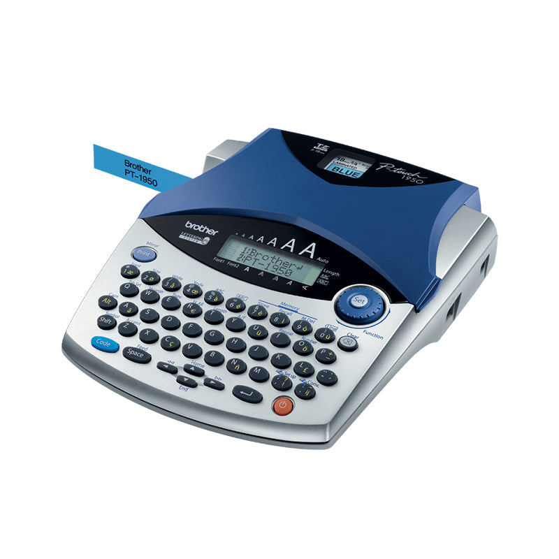 Brother PT-1950 professional label printer with keyboard and display, designed for office use, featuring thermal transfer printing.