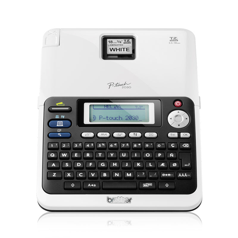 Brother PT-2030VP label printer, ideal for professional office use, featuring thermal transfer technology and TZe tape compatibility.
