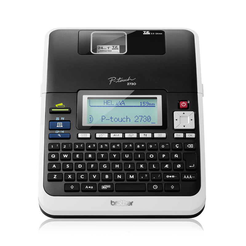 Brother PT-2730VP label printer with TZe tape slot, designed for office or home use, featuring LCD display and full keyboard.