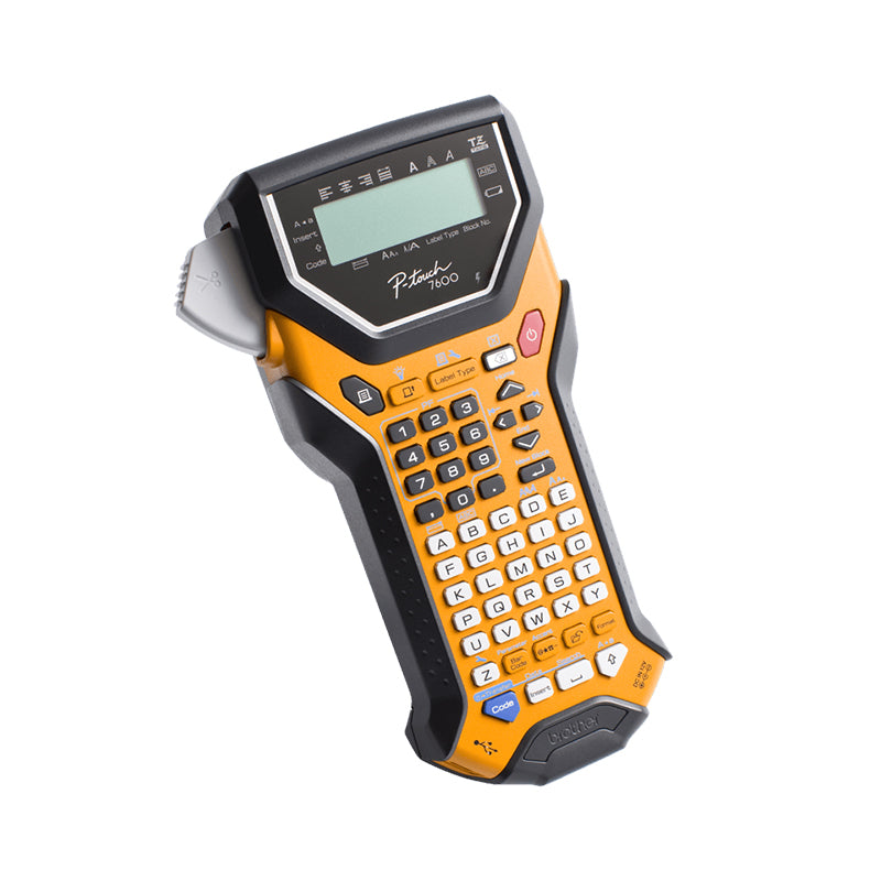 Brother PT-7600 portable label printer with keyboard, designed for use in demanding environments, featuring thermal transfer printing.