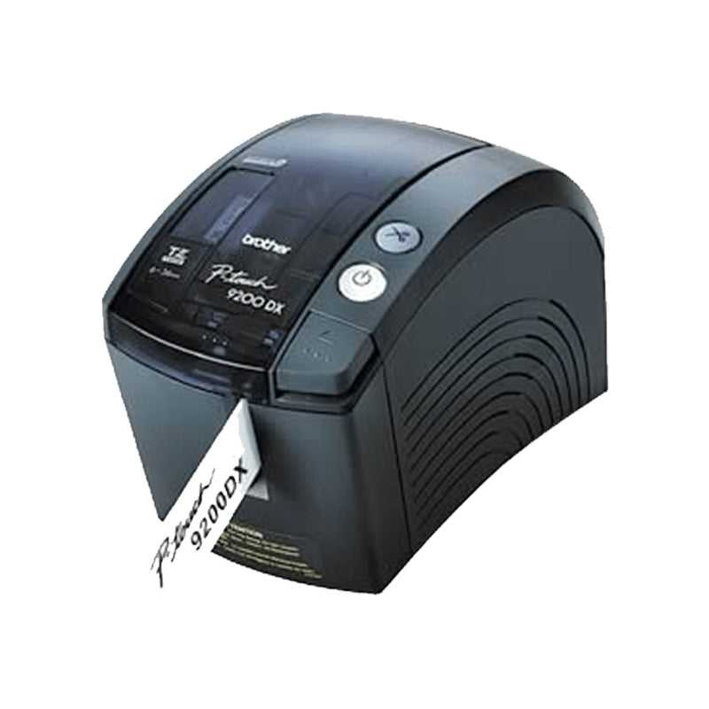Brother PT-9200PC label printer showcasing high-speed printing with a sample label display.