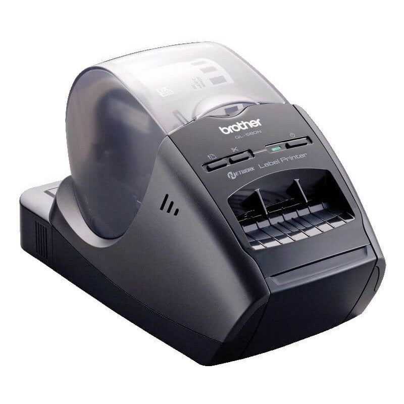 Brother QL-580N label printer with high-speed printing up to 68 labels per minute and 300x600 dpi resolution, featuring network capability.