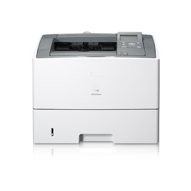 Front view of the Canon i-SENSYS LBP-6750dn black and white laser printer, ideal for office environments with duplex printing capability.