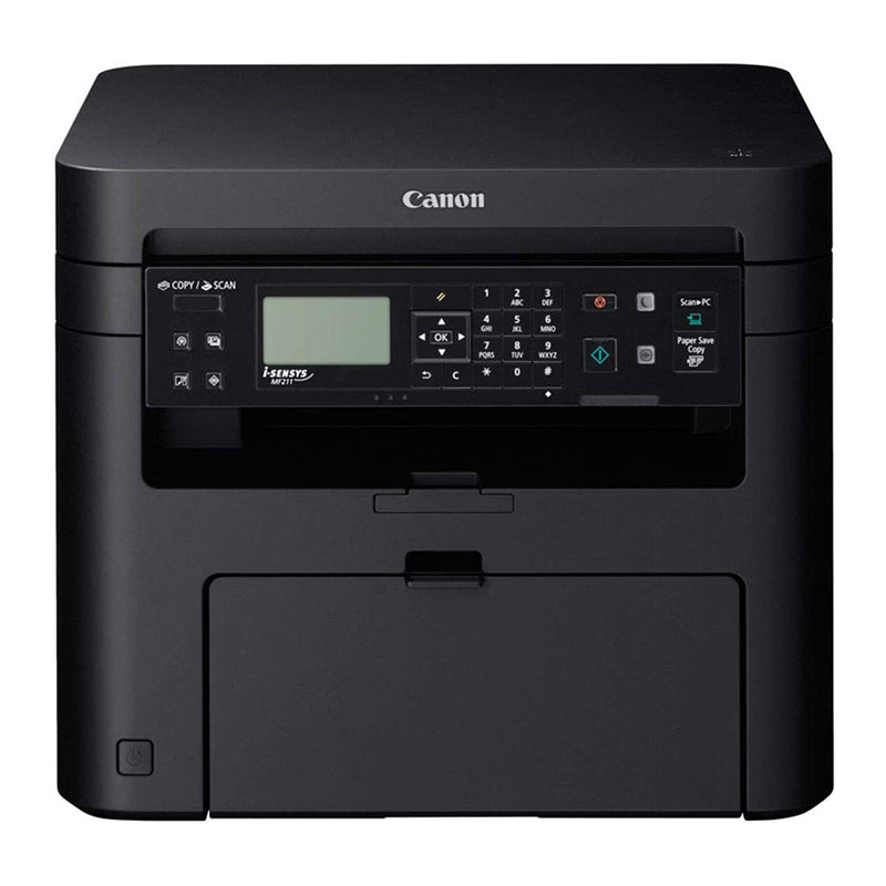 Canon i-SENSYS MF-211 black and white multifunction laser printer with display and control panel.