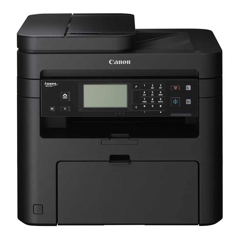 Canon i-SENSYS MF-216n multifunction printer with LCD panel, designed for efficient black-and-white printing, scanning, and copying.