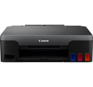 Front view of Canon Pixma G1520 printer with refillable ink tank system and sleek black design.