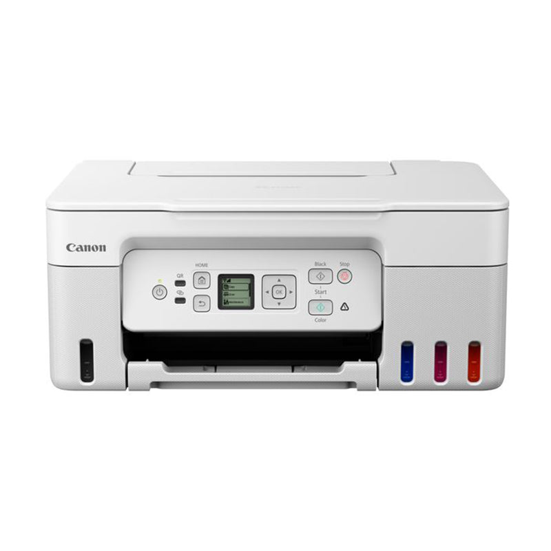 Canon Pixma G3570 Inkjet Multifunction Printer, front view, showcasing refillable tanks and control panel for small office and home use.