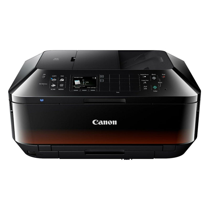 Canon PIXMA MX725 multifunction printer, features include printing, scanning, copying, faxing, duplex printing, sleek black design