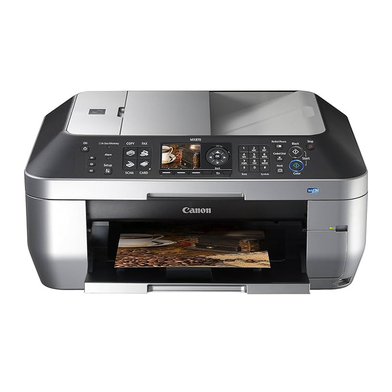 Canon PIXMA MX870 multifunction inkjet printer with scanning, copying, and faxing capabilities, featuring automatic duplexing.