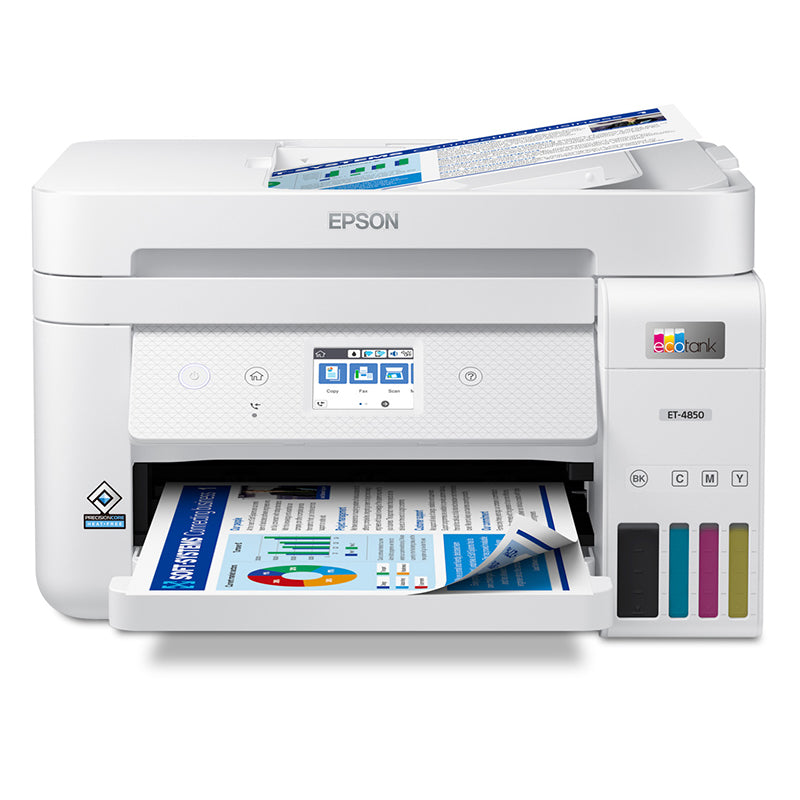 Epson EcoTank ET-3850 inkjet printer with refillable ink tanks and printing feature, showcasing eco-friendly and cost-efficient design.